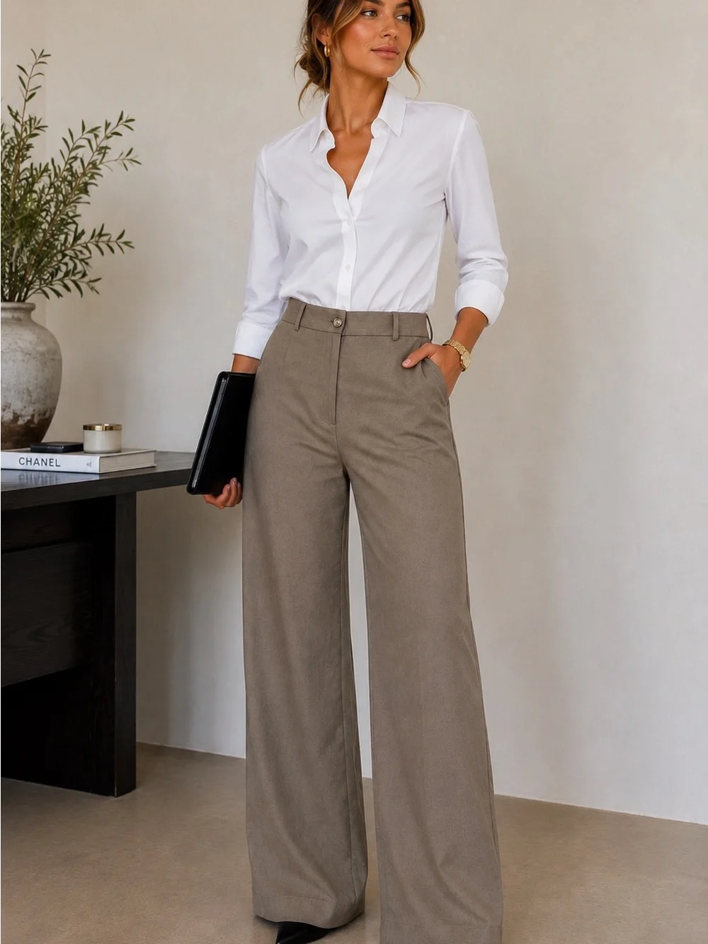 H&M Brown Linen Blend High Rise Wide Leg Trousers Pants Size 6
